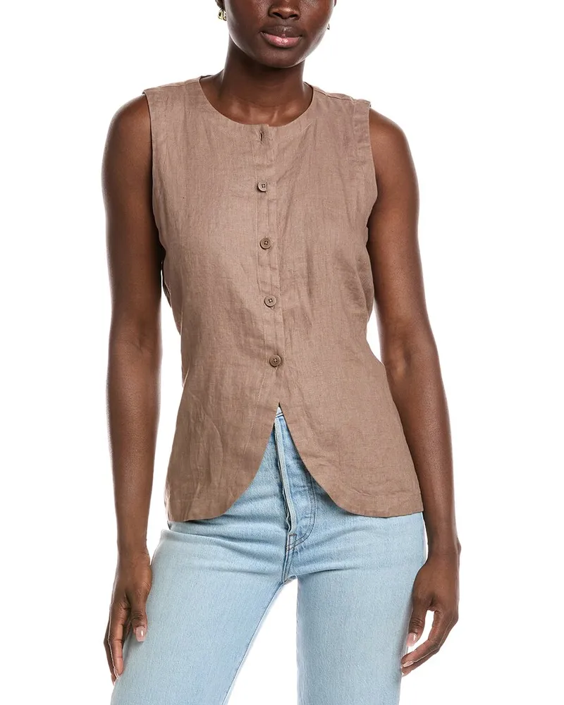 Eileen Fisher Petite Round Neck Linen Long Vest Brown