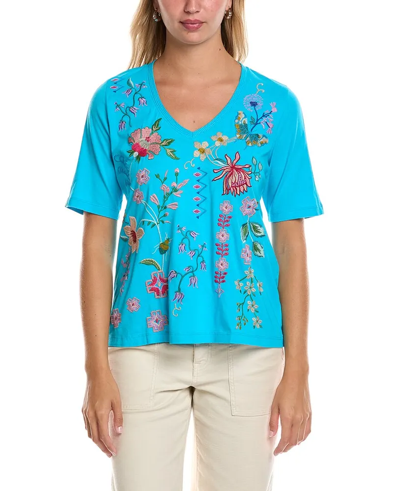 Johnny Was 3/4-Sleeve Trapunto V-Neck T-Shirt Blue