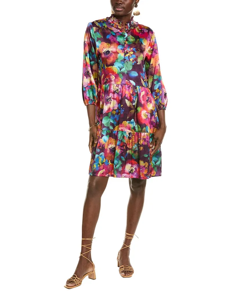 Johnny Was Smocked Neck Tiered Silk Field Dress Red