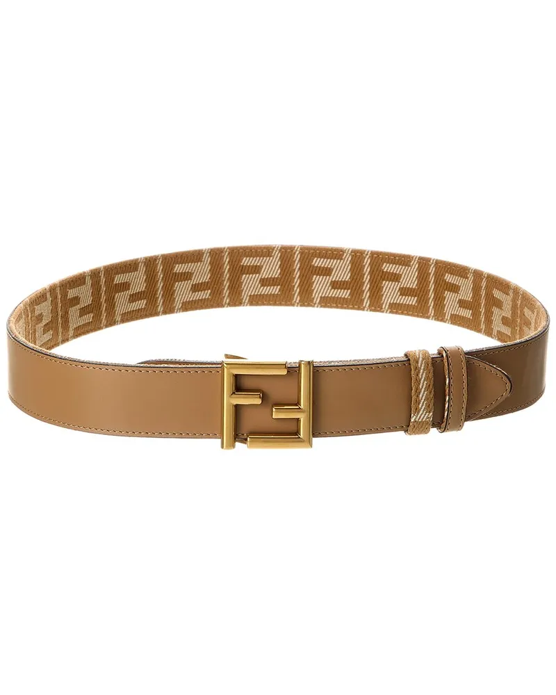Fendi FF Reversible Denim Jacquard & Leather Belt Beige