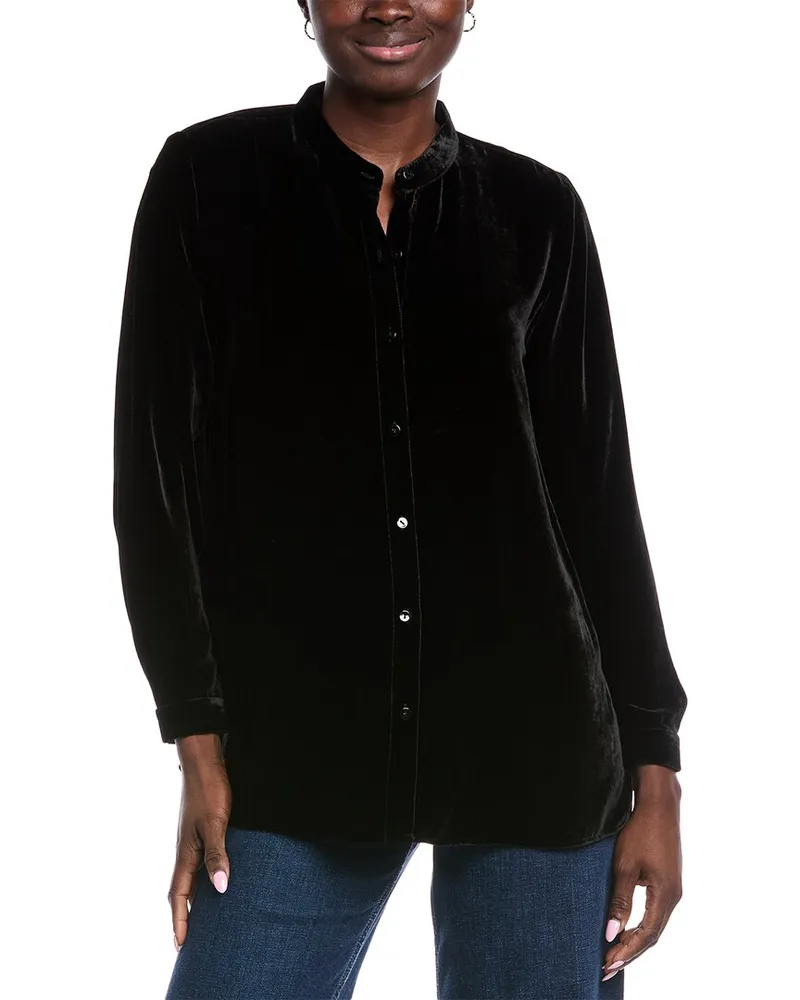 Eileen Fisher Petite Mandarin Collar Long Silk-Blend Shirt Black