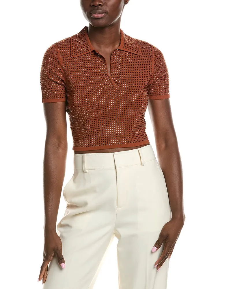 Sandro Rhinestone Crop Polo Shirt Brown