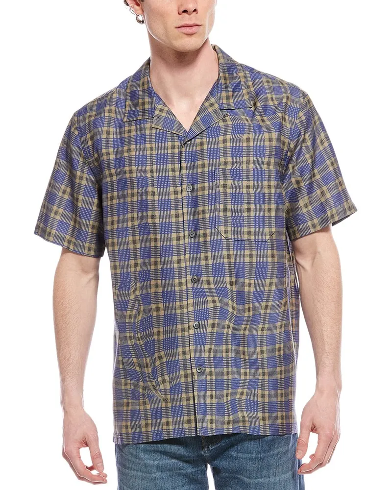 Theory Wrinkle Check Silk-Blend Shirt Blue