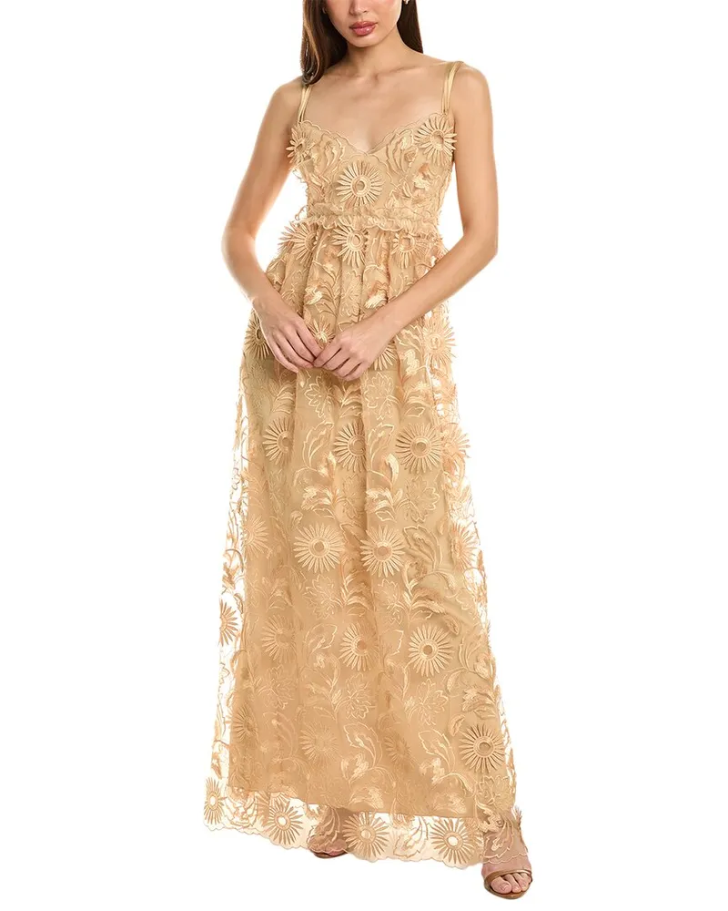 Alberta Ferretti Embroidered Lace Gown Beige