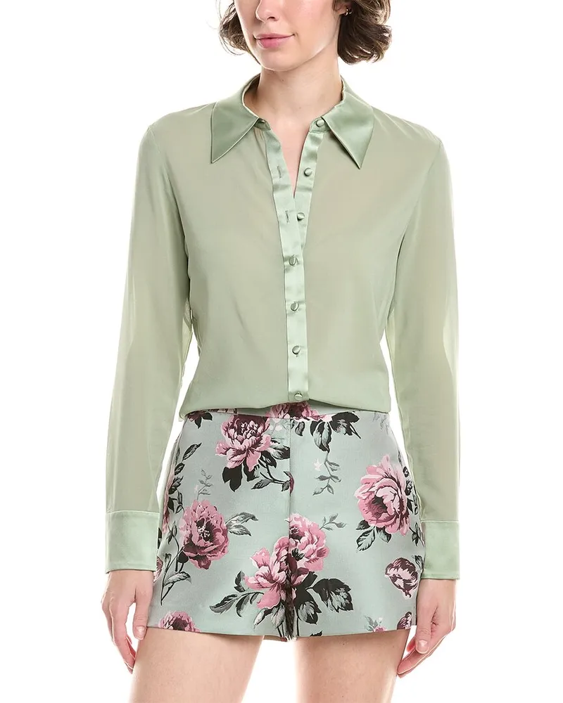 Alice + Olivia Willa 70s Collar Placket Silk-Blend Top Green