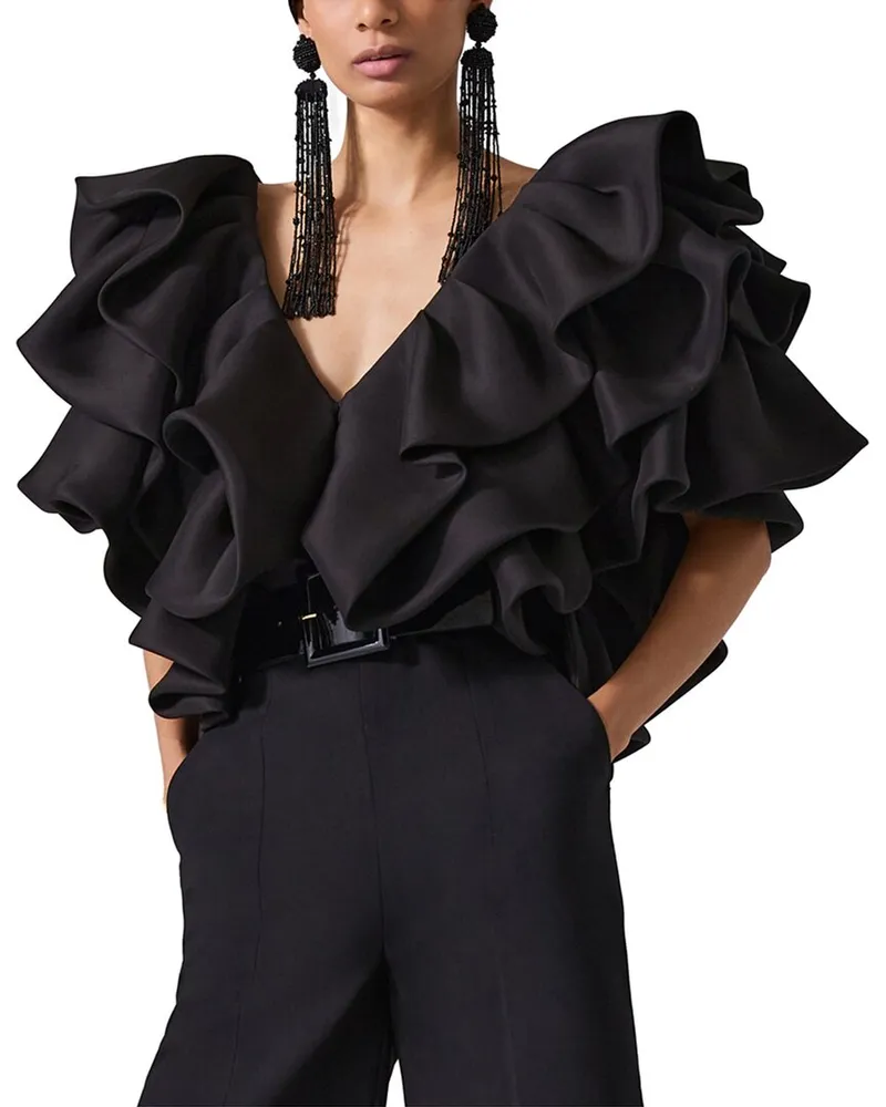 Carolina Herrera New York V-Neck Folded Ruffle Silk Top Black