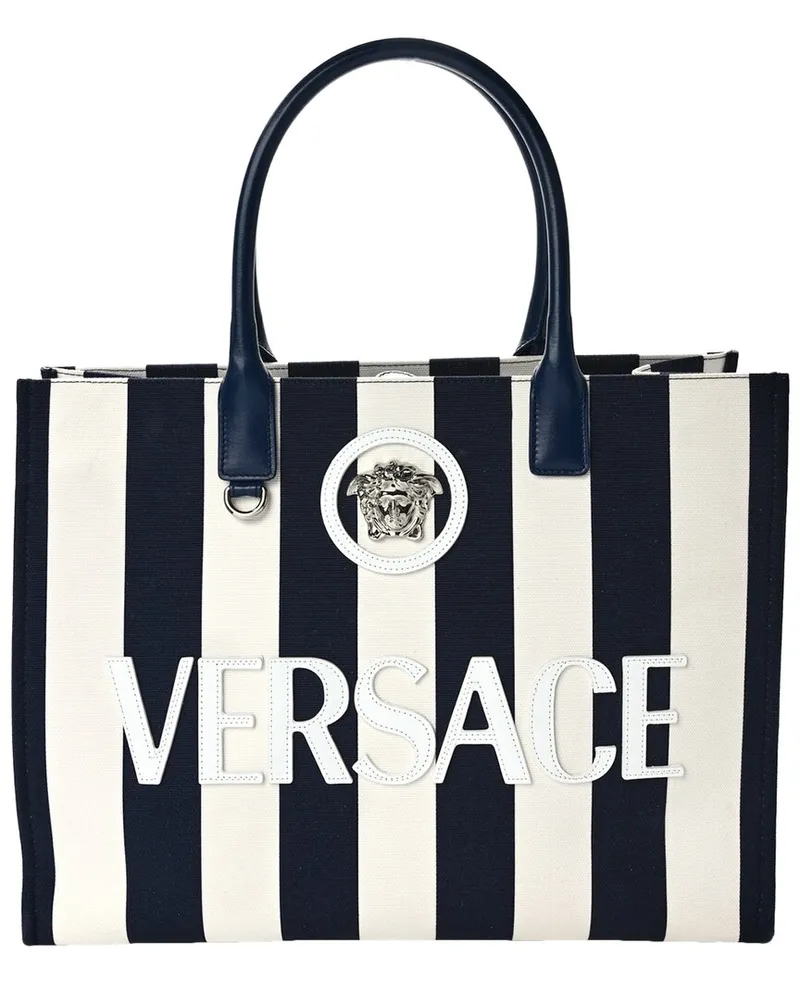Versace Navy and White Canvas Striped La Medusa Tote (Authentic Pre-Loved Nocolor