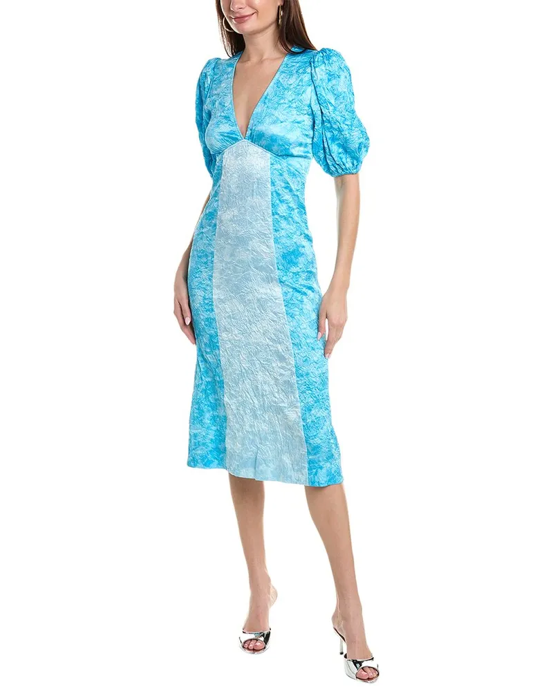 Ganni Crinkled Satin Midi Dress Blue