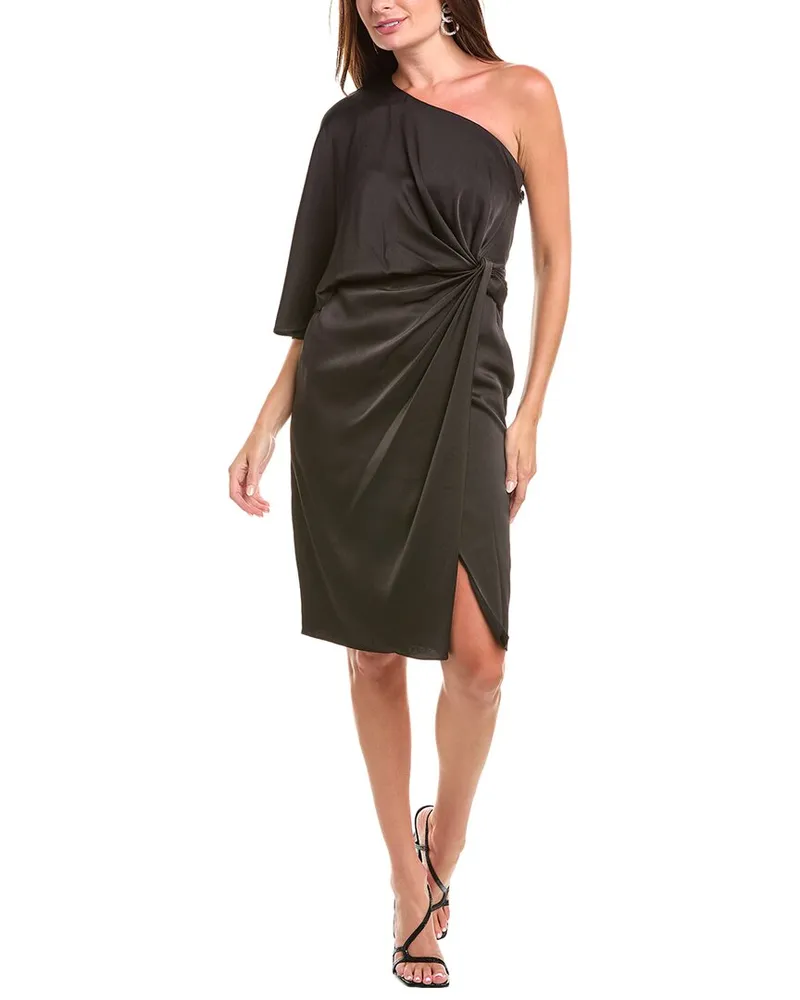 Aidan Mattox One-Shoulder Cape Sleeve Sheath Dress Black
