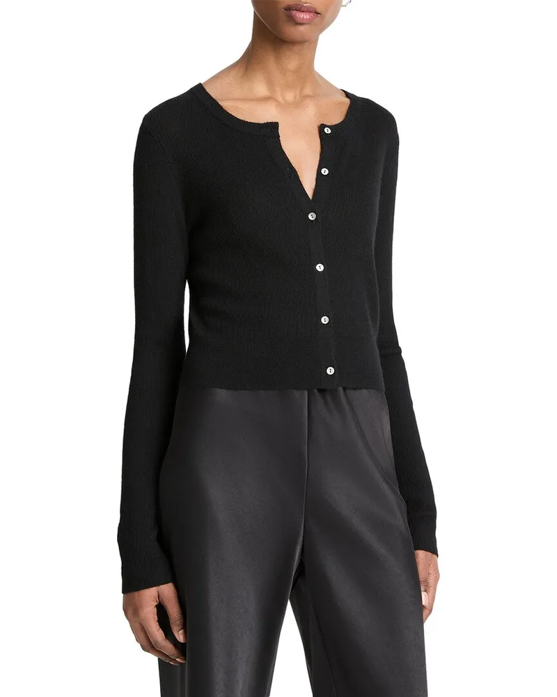 Vince Slim Rib Shell Button Cashmere & Silk-Blend Cardigan Black