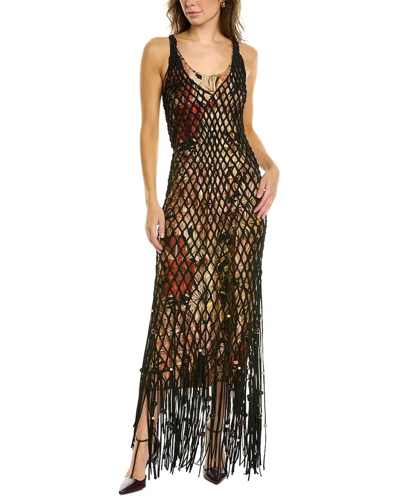 Ferragamo Sleeveless Layered Mesh Leather Maxi Dress Nocolor