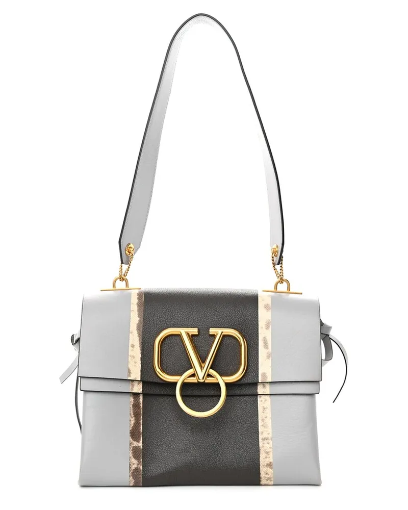 Valentino Garavani Grey Calfskin Leather Smooth Embossed Small V-Ring Shoulder Bag  (Authentic Pre-Loved Nocolor