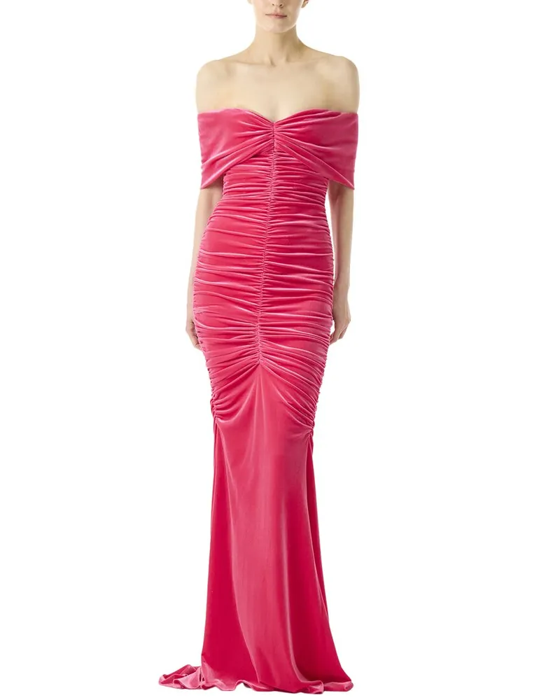 Monique Lhuillier Off the Shoulder Ruched Silk-Lined Gown Nocolor