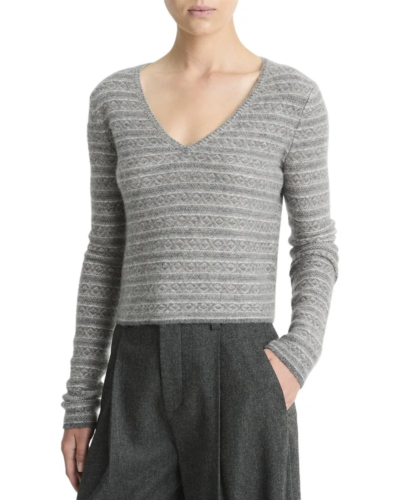 Vince Fairisle V-Neck Cashmere Top Grey