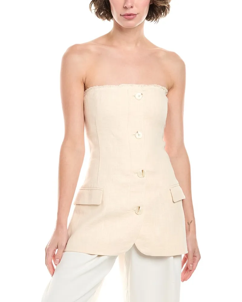 Ronny Kobo Spencer Strapless Linen-Blend Blazer Tan