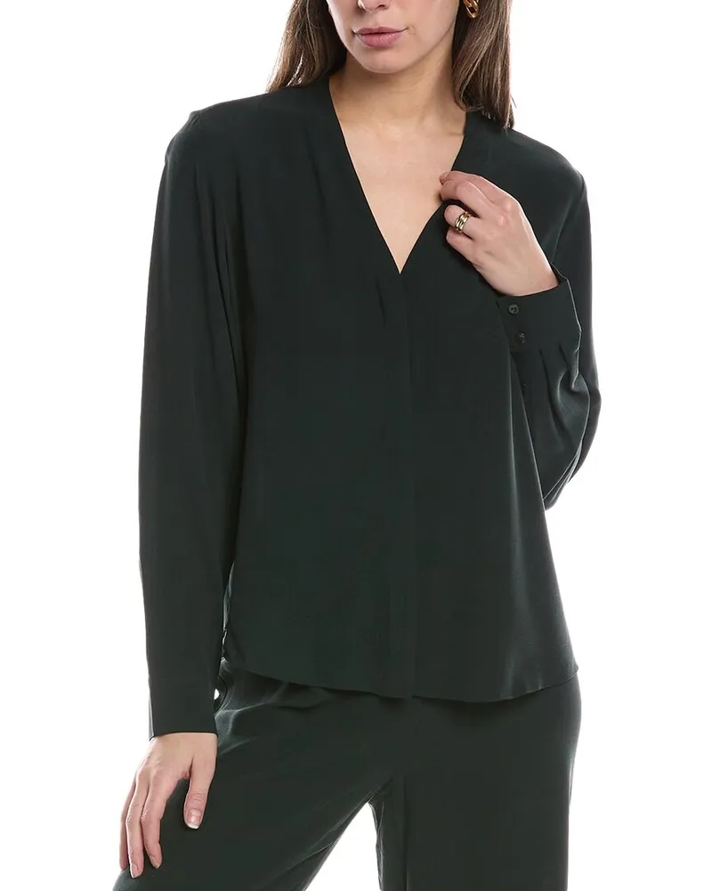 Eileen Fisher Petite V-Neck Silk Shirt Green