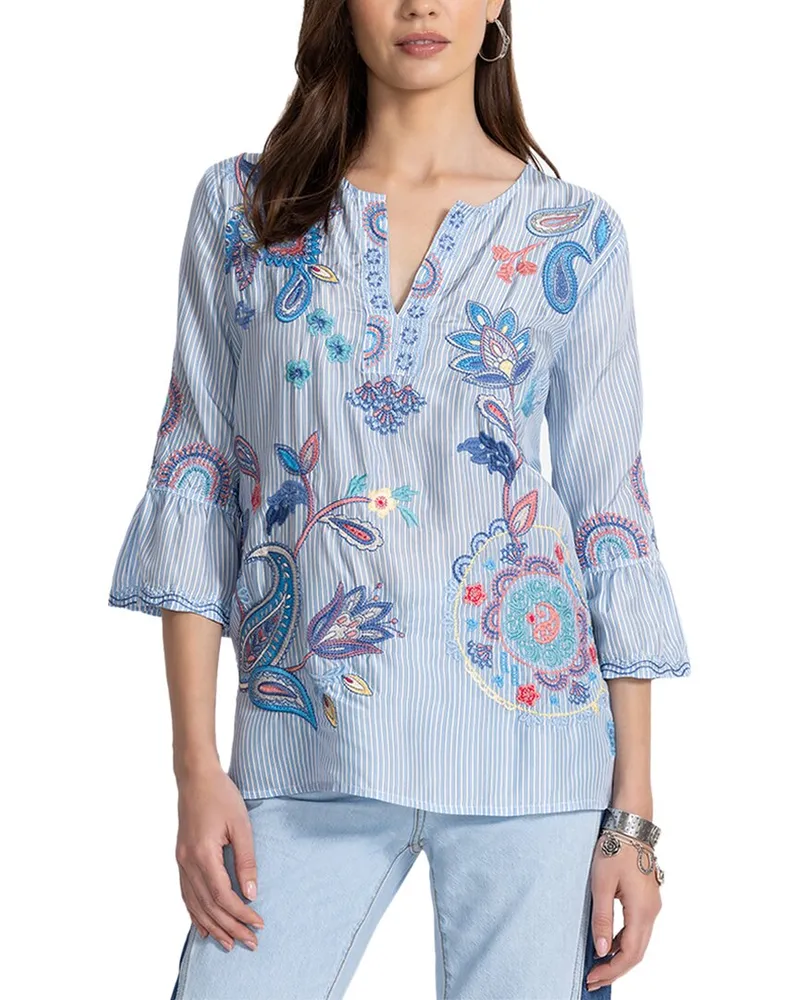 Johnny Was Ruffle Sleeve Silk Blouse Blue