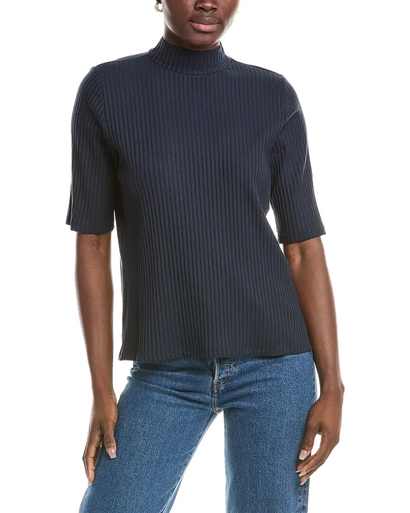 Eileen Fisher Mock Neck Elbow Sleeve Top Blue