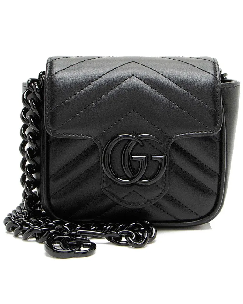 Gucci Black Matelasse Leather GG Marmont Monochrome Square Chain Belt Bag (Authentic Pre-Loved Nocolor