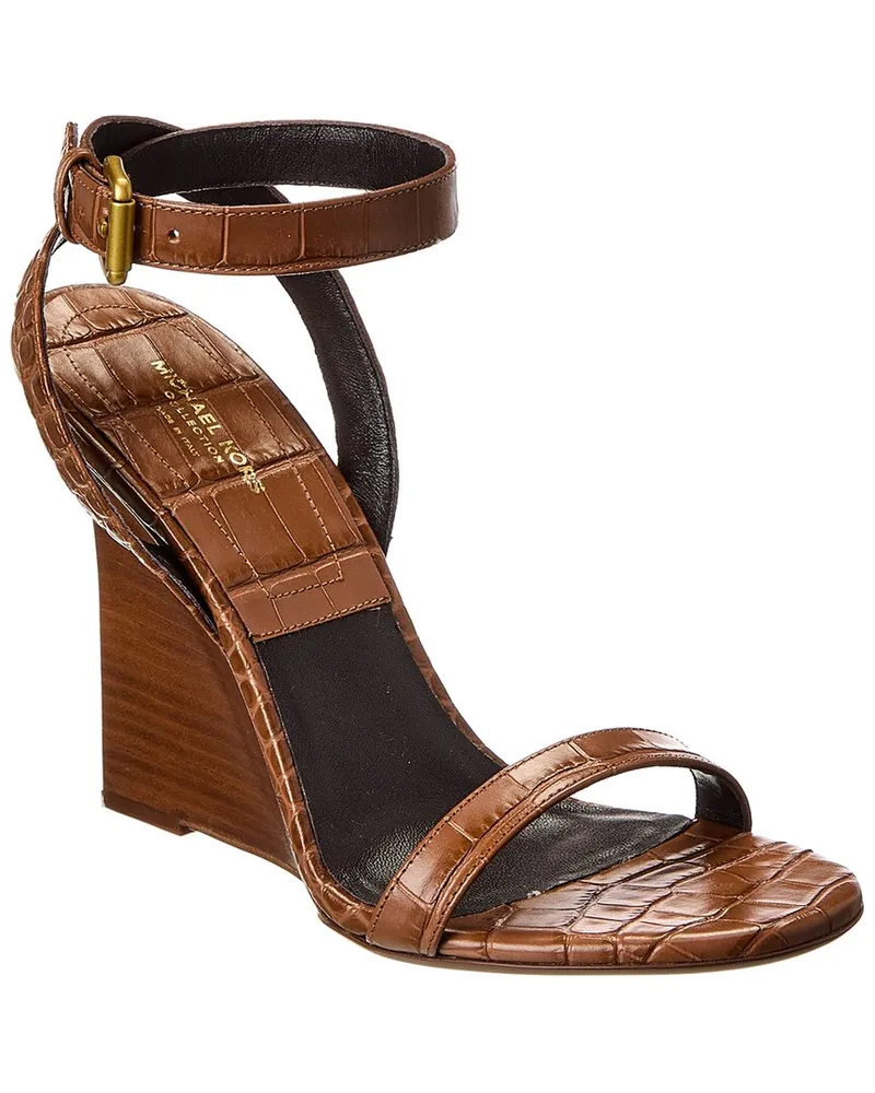 Michael Kors Claudia Croc-Embossed Leather Wedge Sandal Brown