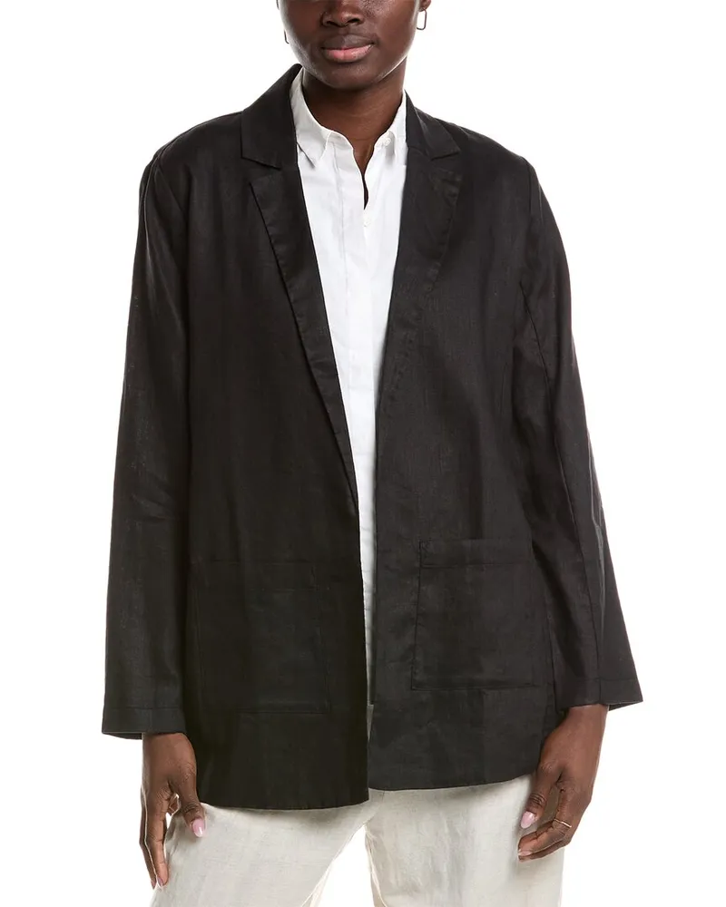 Eileen Fisher Notch Collar Long Linen Blazer Black