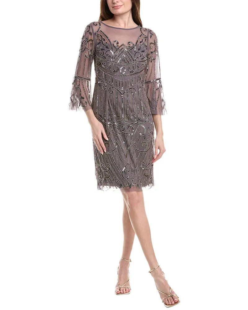 Adrianna Papell Beaded Embellished Tulle Cocktail Dress Grey