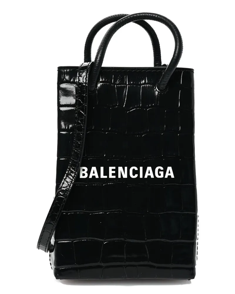 Balenciaga Black Croc-Embossed Calfskin Leather Logo Shopping Phone Holder Bag  (Authentic Pre-Loved Nocolor
