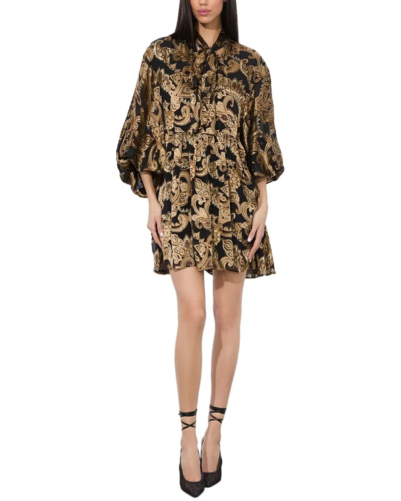 Alice + Olivia Opal Tie Neck Poet Sleeve Silk-Blend Tunic Dress Black