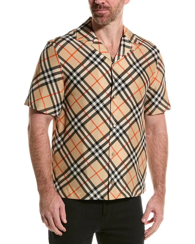 Burberry Check Oversized Silk Shirt Brown