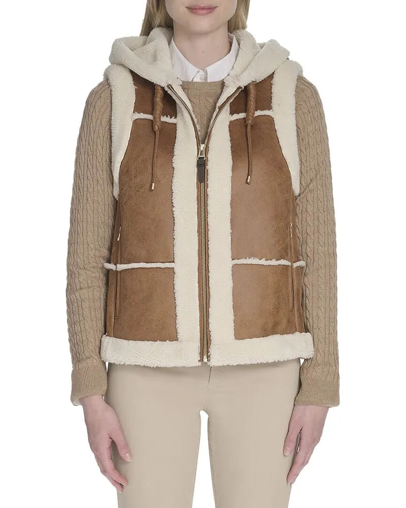 COLE HAAN Waxed Suede Shearling Vest Brown