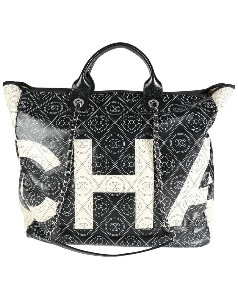 Chanel Beige & Black Coated Canvas & Leather Camellia & CC Print Shopper Tote  (Authentic Pre-Loved Nocolor