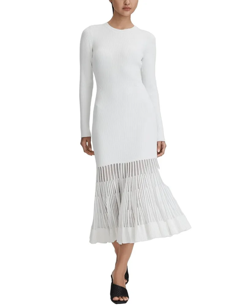 Reiss Tasmin Knit Sheer Pleat Midi Dress White