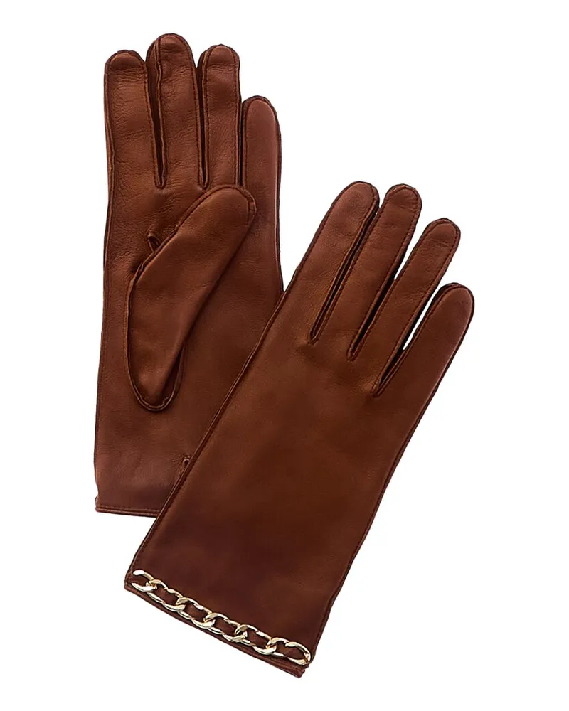 portolano  Chain Detail Silk-Lined Leather Gloves Brown