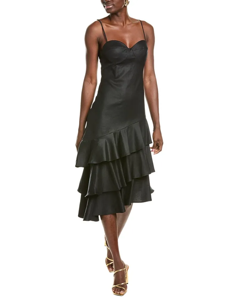 BCBGMAXAZRIA Asymmetrical Ruffle Linen-Blend Cocktail Dress Black