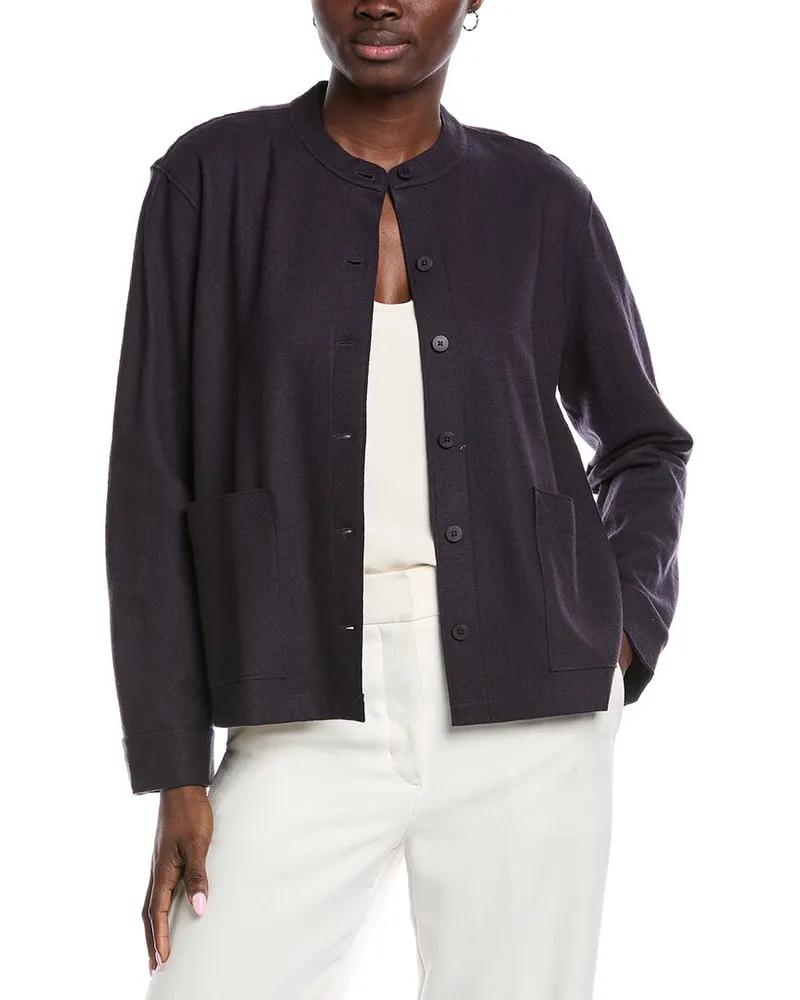 Eileen Fisher Mandarin Collar Wool Jacket Blue