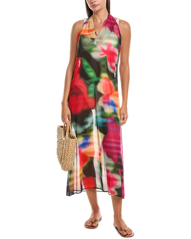 NATORI Floral Mirage Printed Mesh Halter Dress Black