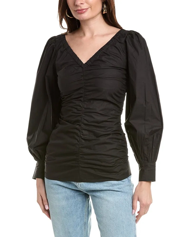 Ganni Poplin V-Neck Gathered Blouse Black