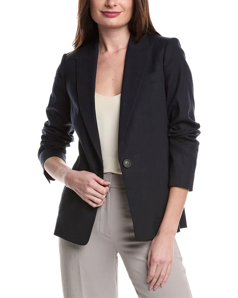 Vince Single-Breasted Linen-Blend Blazer Blue