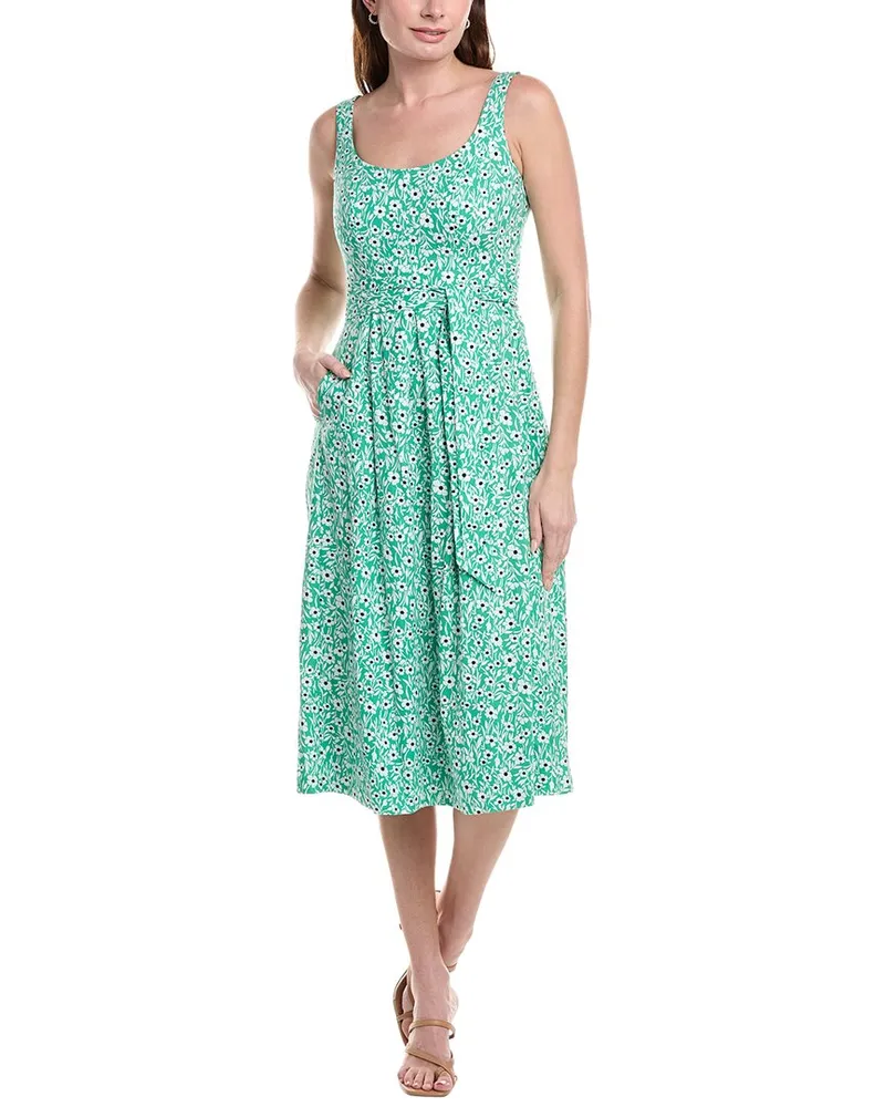 Anne Klein Petite Topstitch Linen-Blend Midi Dress Green