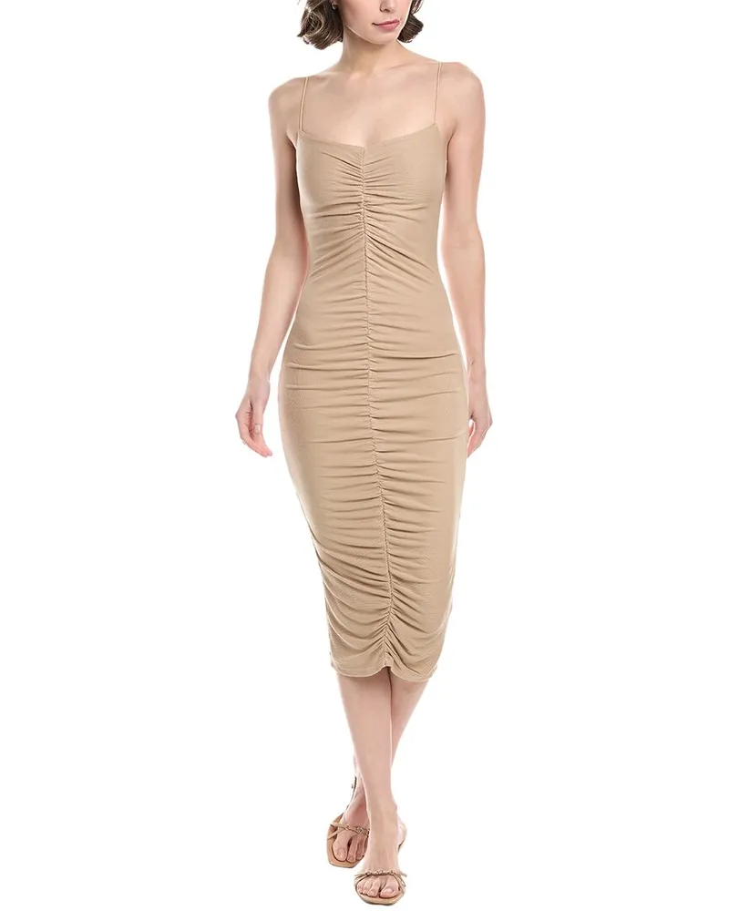 Enza Costa Stretch Knit Ruched Strappy Silk-Blend Midi Dress Beige