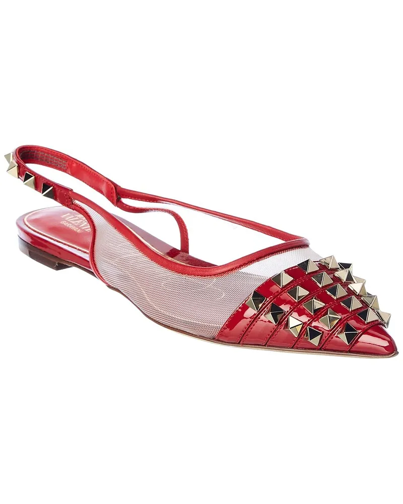 Valentino Garavani Rockstud Alcove Patent & Mesh Slingback Flat Red