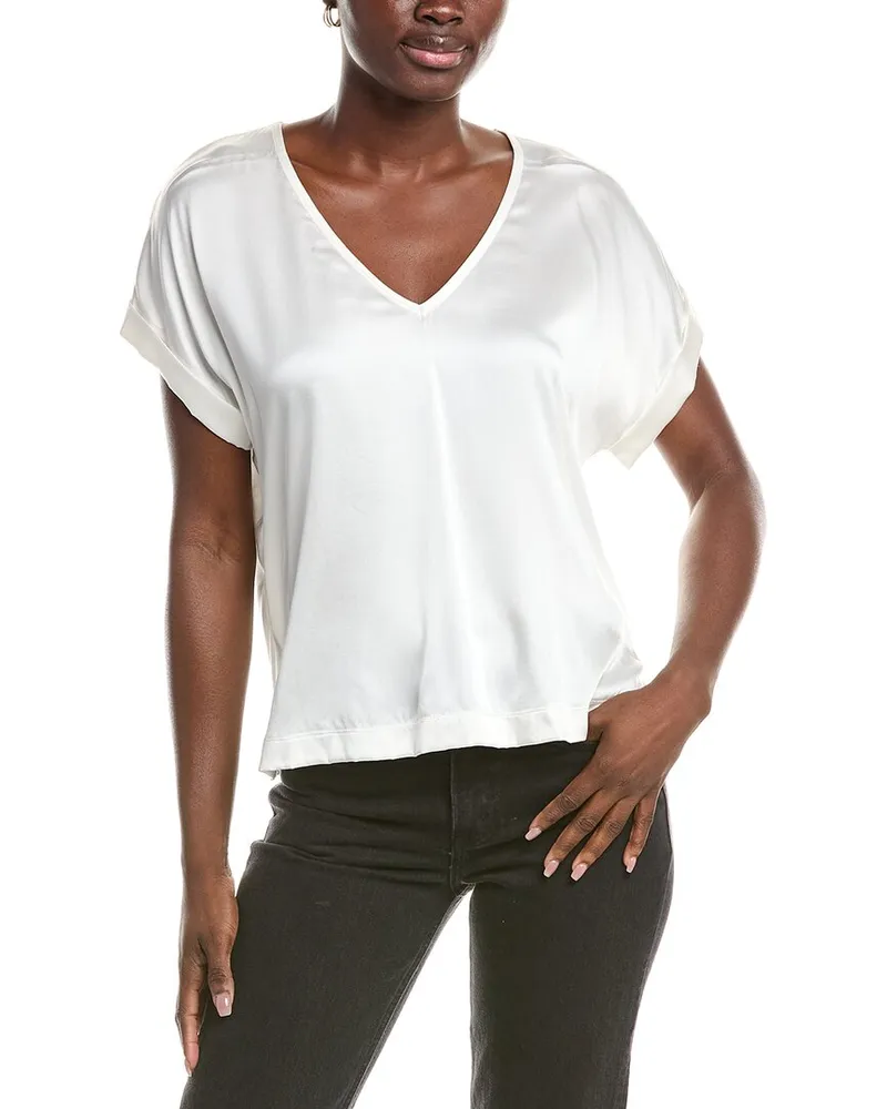 Reiss Natalia V-Neck Silk-Blend Front T-Shirt White