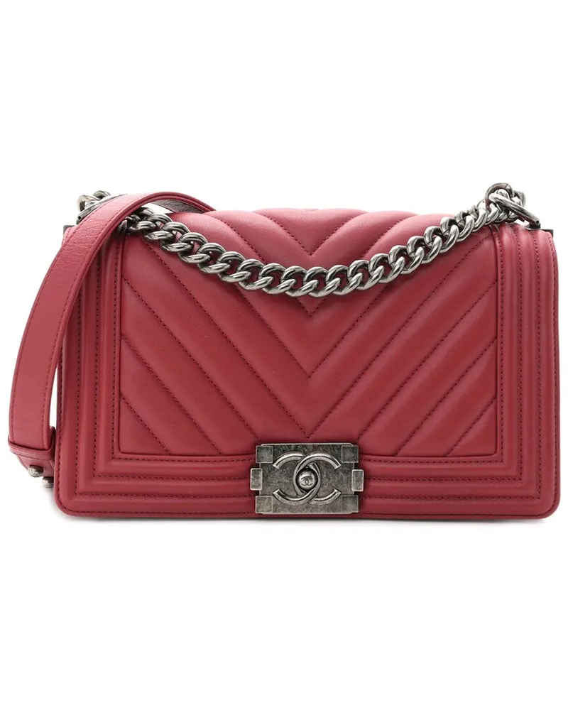 Chanel Red Calfskin Chevron Quilted Leather Medium Braided Boy Flap (Authentic  Pre-Loved Nocolor