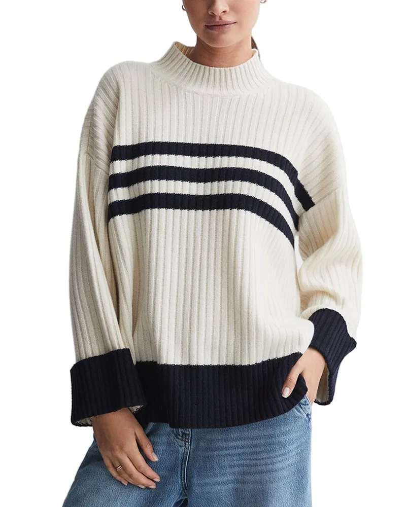 Reiss Misha Wool Striped Rib Jumper White