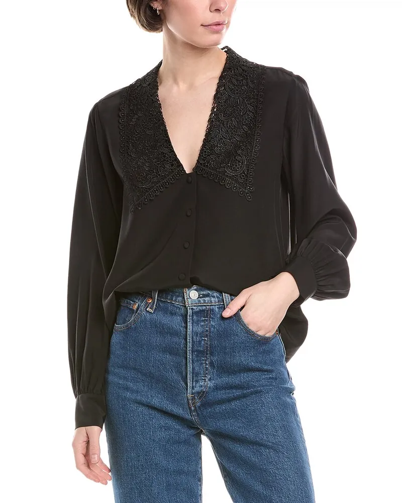 Frame Denim Lace Puritan Collar Silk Blouse Black