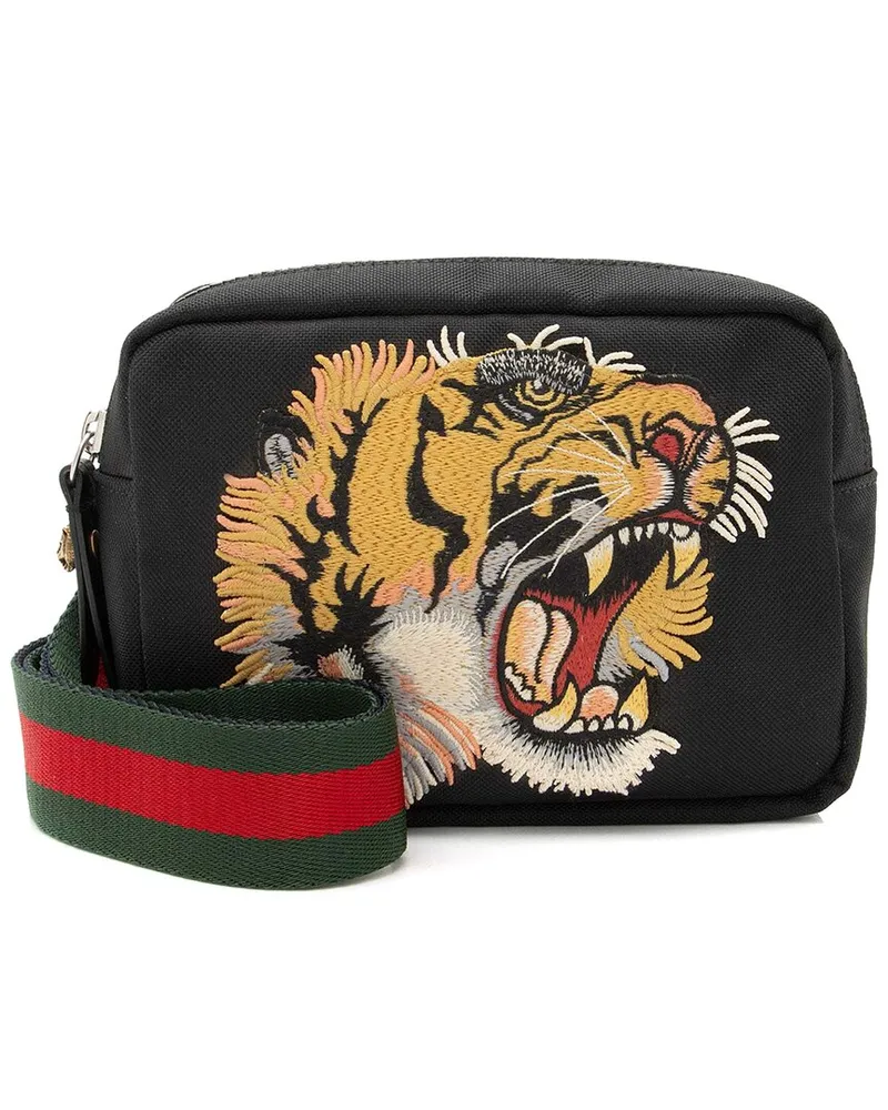 Gucci Black Leather Canvas Tiger Embroidered Web Messenger (Authentic Pre-Loved Nocolor