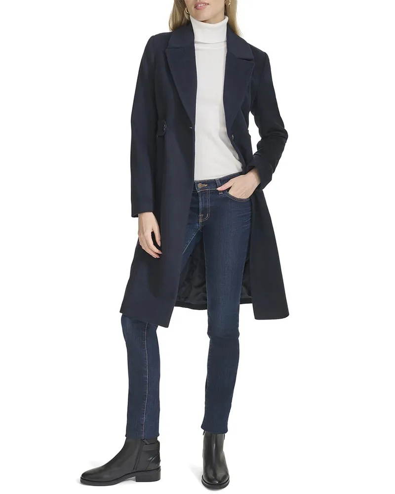 COLE HAAN Notch Lapel Slick Wool-Blend Coat Blue