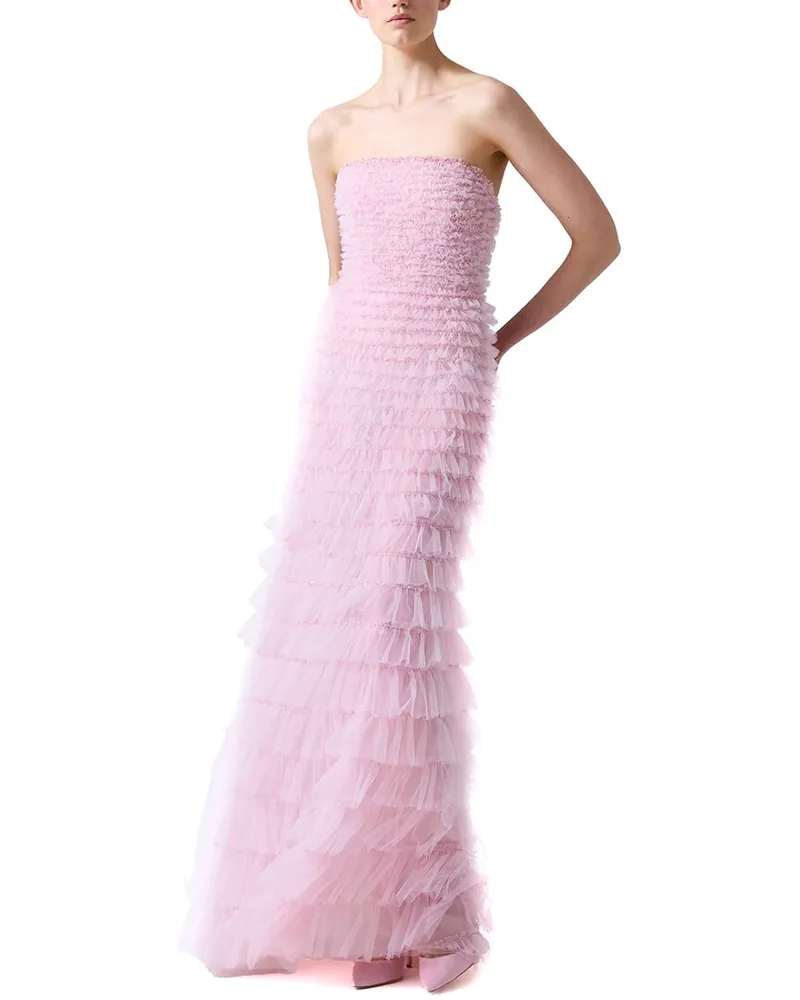 Carolina Herrera New York Embellished Strapless Tiered Ruffle Gown Pink