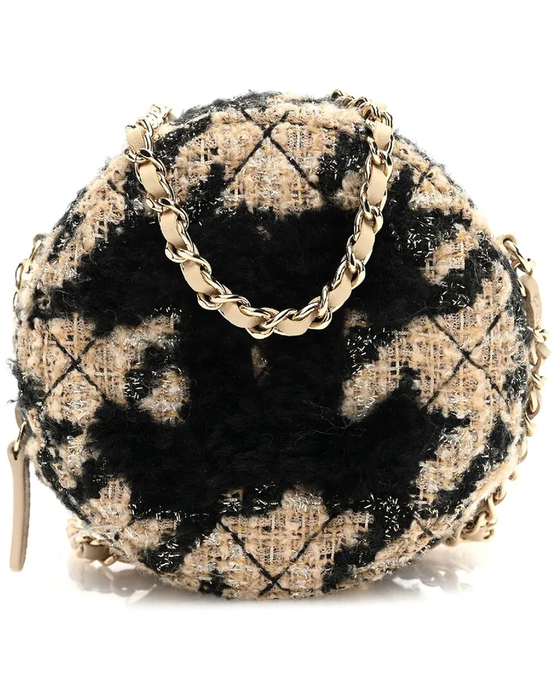 Chanel Beige Black Tweed Shearling Round Clutch With Chain & Coin Purse (Authentic Pre-Loved Nocolor
