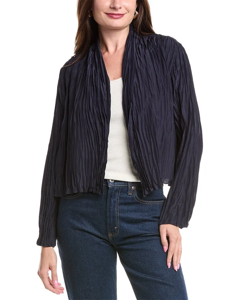 Eileen Fisher Crinkled High Collar Silk Jacket Blue
